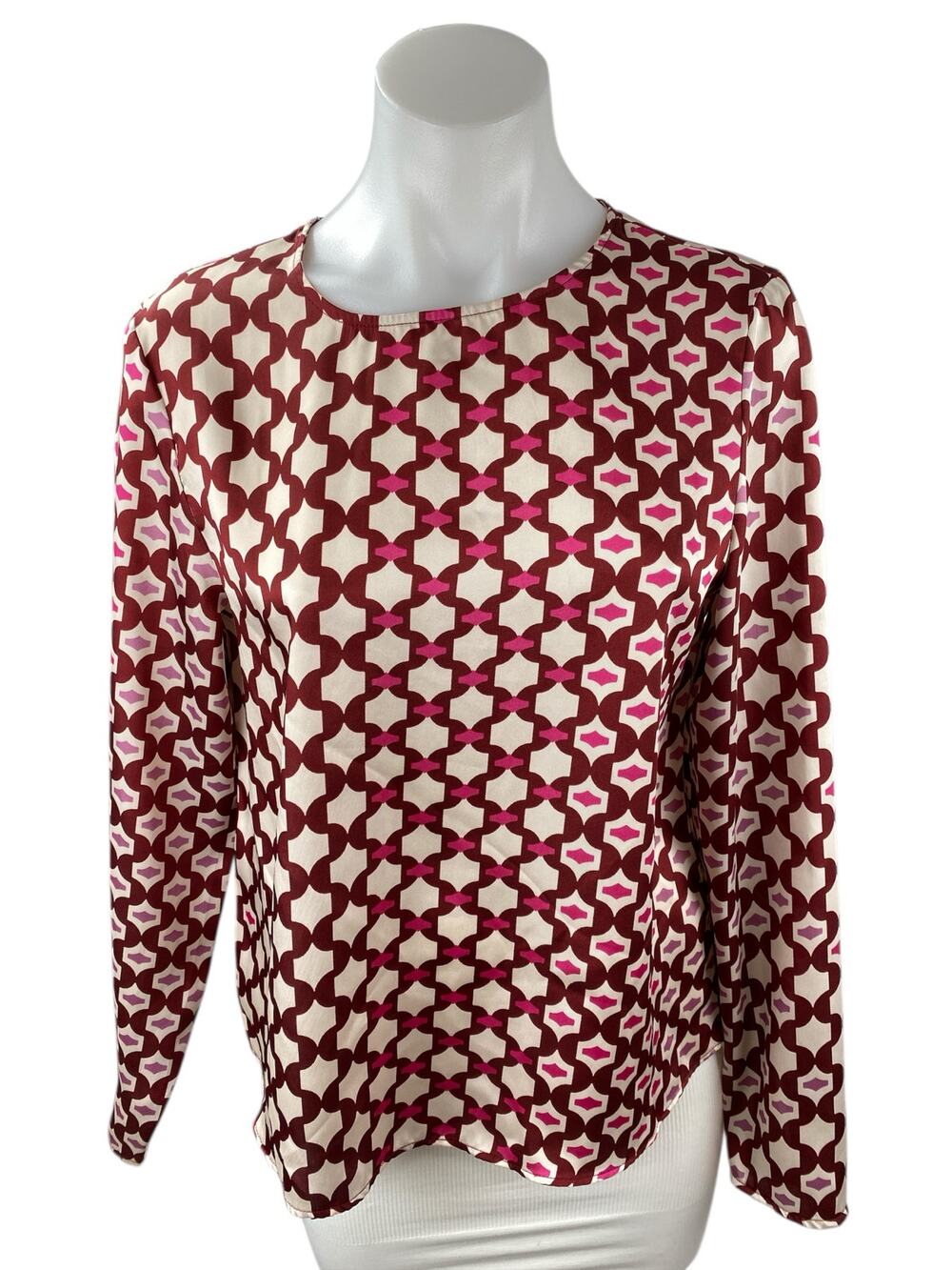 MNG Mango Women's Red Pink Geometric Long Sleeve Crew Neck Blouse Top Size M